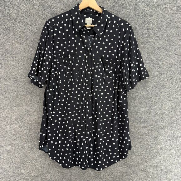 Chico's Shirt Women 2 Black Polka Dot Button Up Collared Short Sleeve Pockets - Picture 1 of 7